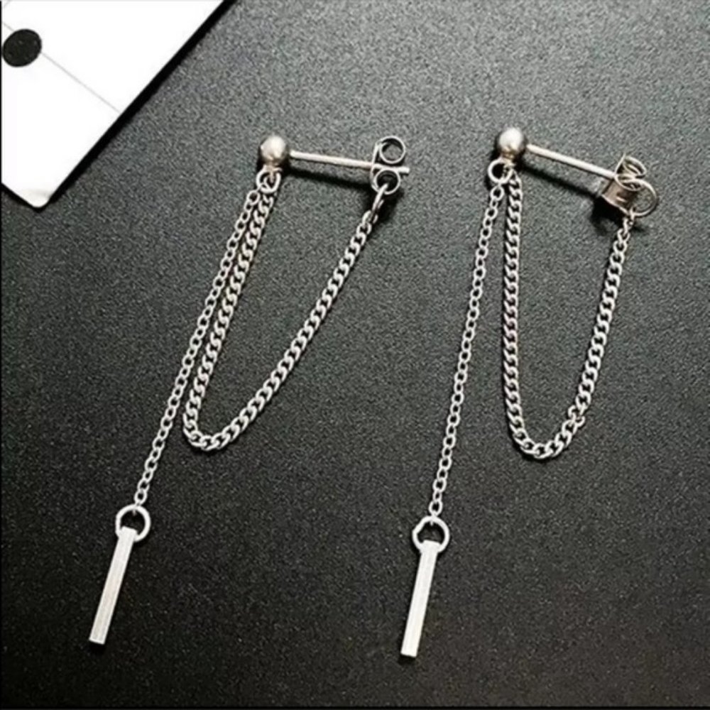 NEW 925 Sterling Silver Chain Bar Drop Earrings E5